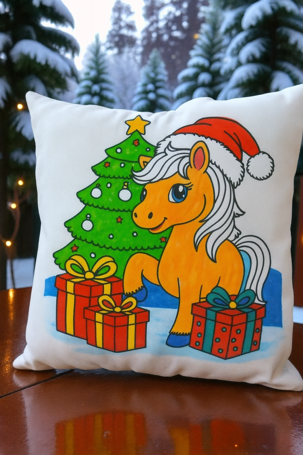Новорічна подушка-розмальовка з кольоровим малюнком поні у шапці Санти, ялинкою та подарунками. Готовий виріб з майстер-класу «Розпис подушок» від Творчої Мозаїки.