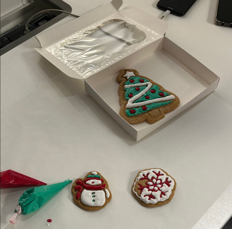 Готові святкові пряники з глазур’ю, запаковані у коробочки після майстер-класу «Розпис пряників».